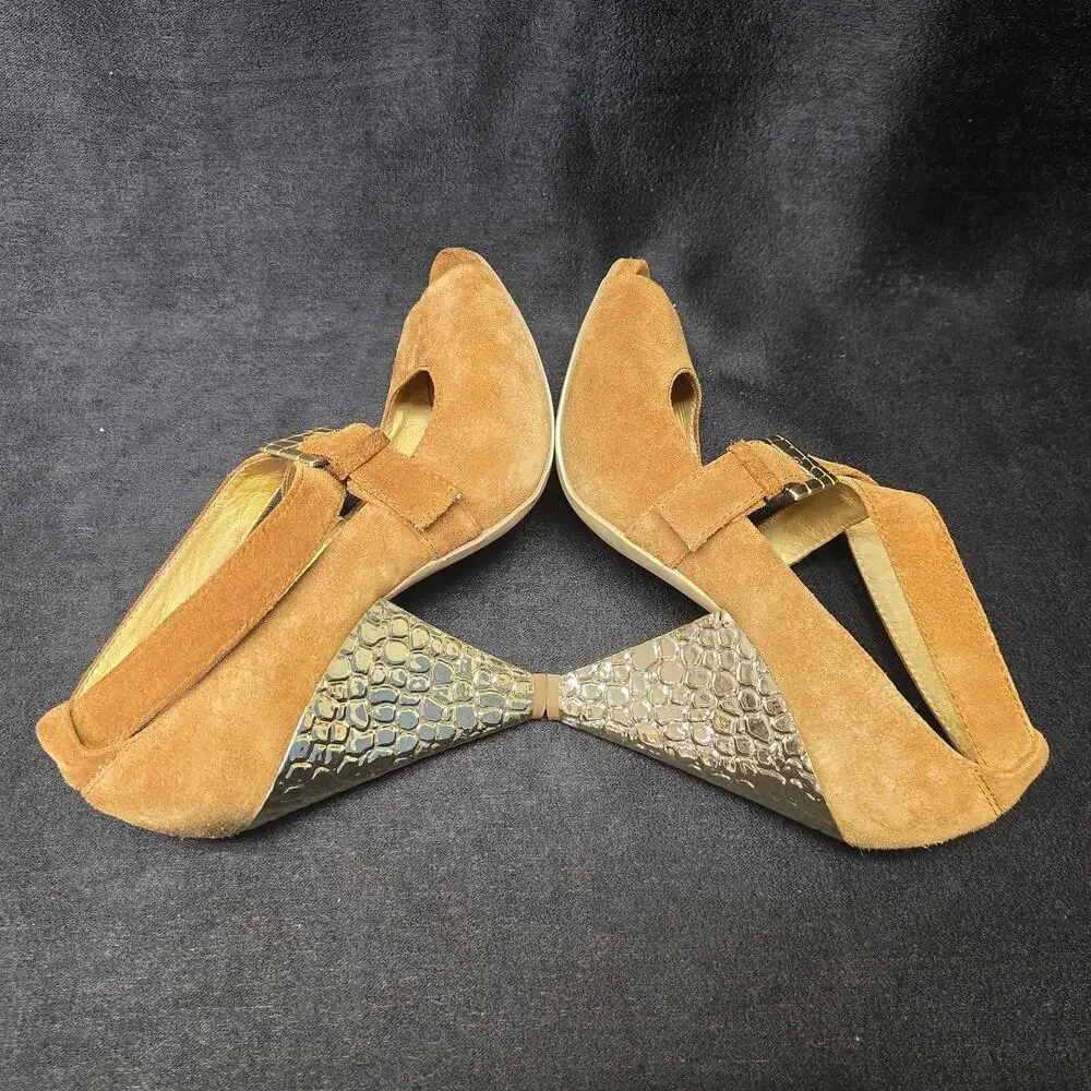 Michael Kors Brown Leather Peep Toe Ankle Strap Gold Cone High Heel Shoe